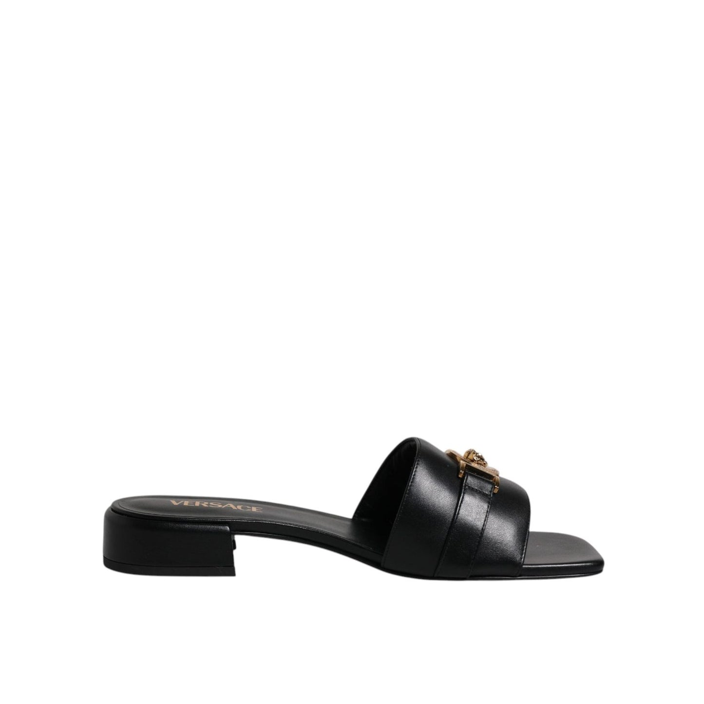 Versace Black Leather Logo Plaque Slip On Slides Flats Shoes Versace