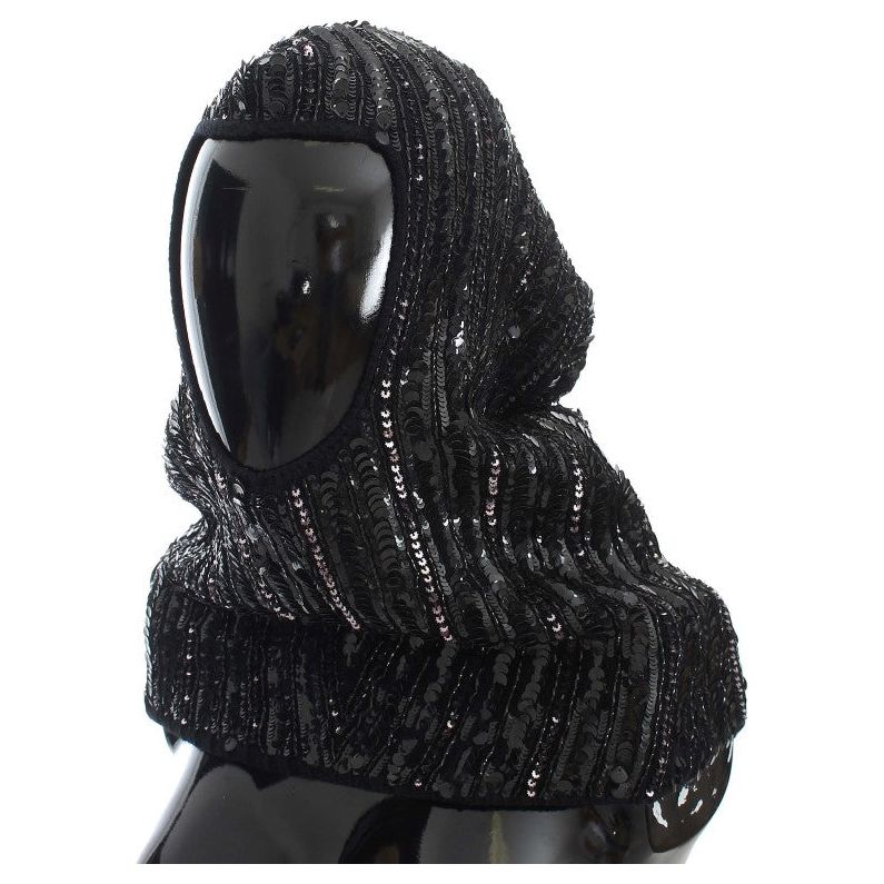 Hood Scarf Elegant Black Sequined Hooded Scarf Wrap Dolce & Gabbana