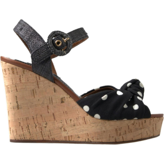 Dolce & Gabbana | Black  Wedges Polka Dotted Ankle Strap Shoes Sandals | McRichard Designer Brands