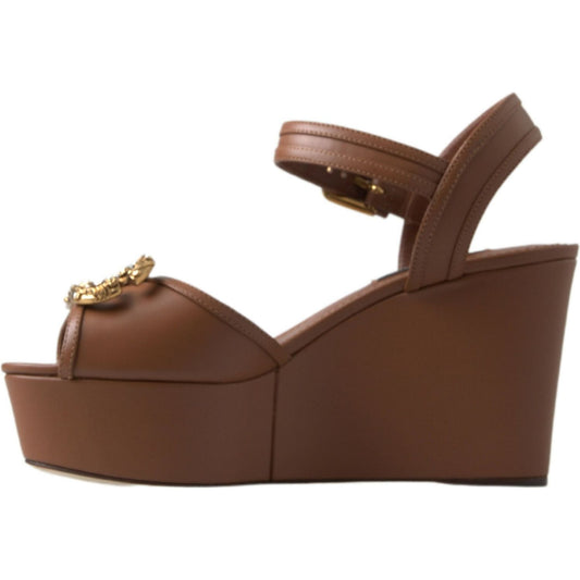 Dolce & Gabbana | Brown Leather AMORE Wedges Sandals Shoes | McRichard Designer Brands