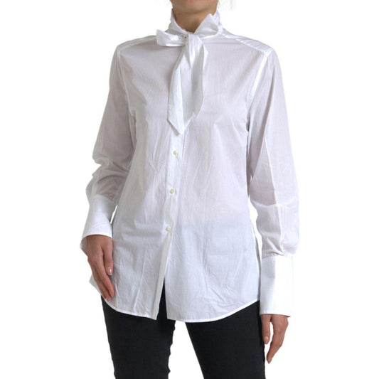 Dolce & Gabbana | White Cotton Ascot Collar Long Sleeves Top | McRichard Designer Brands