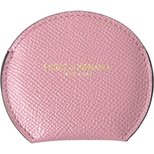 Dolce & Gabbana | Pink Calfskin Leather Round Logo Print Hand Mirror Holder | McRichard Designer Brands