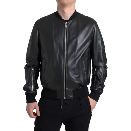 Dolce & Gabbana | Black Leather Full Zip Bomber Men Jacket | McRichard Designer Brands