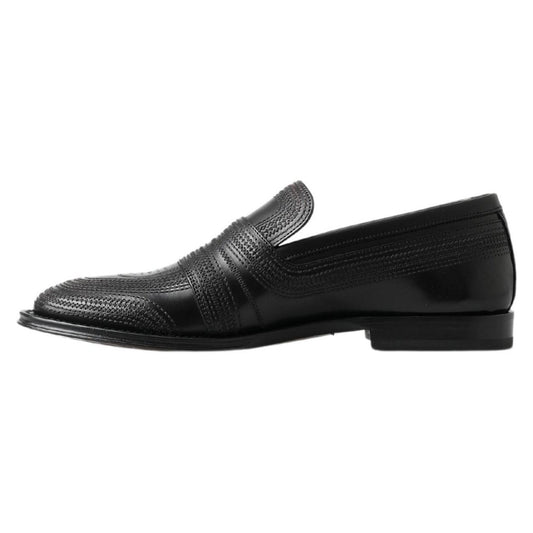 Dolce & Gabbana | Black Leather Slipper Loafers Stitched Shoes | McRichard Designer Brands