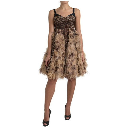 Dolce & Gabbana | Brown Leopard Feather Chiffon Sleeveless Dress | McRichard Designer Brands