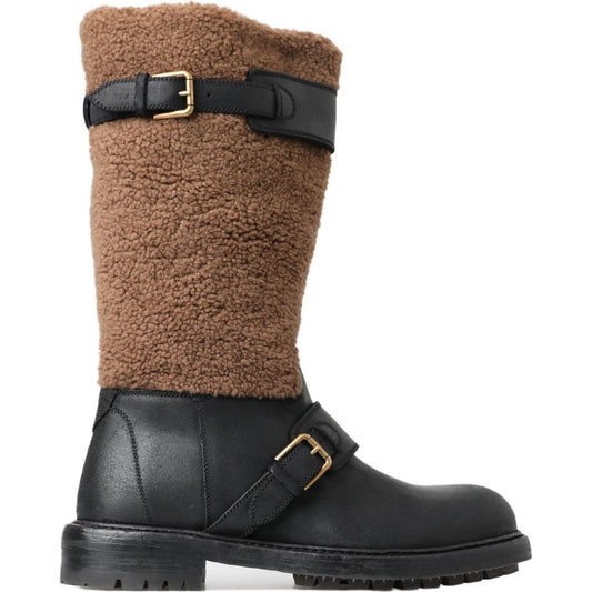Dolce & Gabbana | Black Leather Brown Shearling Boots | McRichard Designer Brands