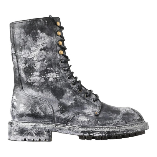 Dolce & Gabbana | Black Gray Leather Mid Calf Boots Shoes | McRichard Designer Brands