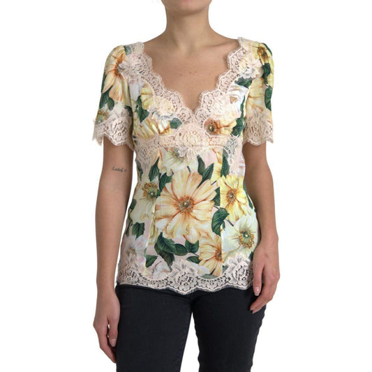 Dolce & Gabbana | Multicolor Floral Lace V Neck Blouse | McRichard Designer Brands