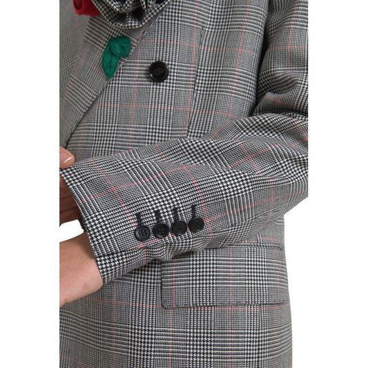 Dolce & Gabbana | Gray Plaid Rose Applique Coat Blazer Jacket | McRichard Designer Brands