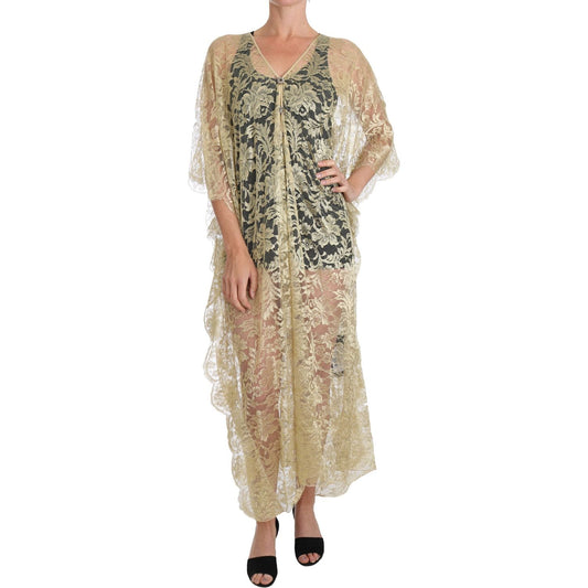 Dolce & Gabbana | Gold Floral Lace Crystal Gown Cape Dress | McRichard Designer Brands