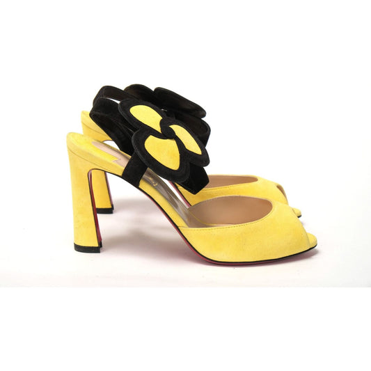 Christian Louboutin | Yellow Black Peep Toe Flower Sandal  | McRichard Designer Brands