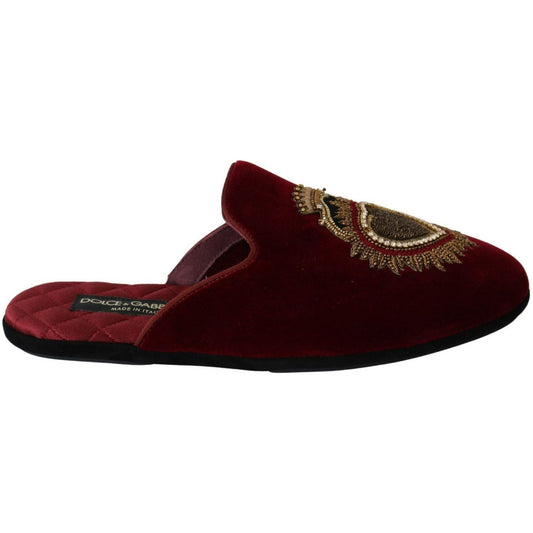 Dolce & Gabbana | Red Velvet Sacred Heart Embroidery Slides Shoes  | McRichard Designer Brands