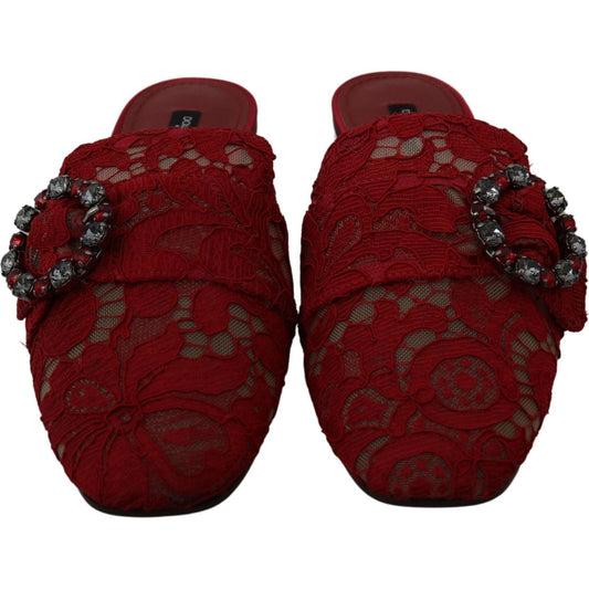 Dolce & Gabbana | Red Lace Crystal Slide On Flats Shoes - McRichard Designer Brands