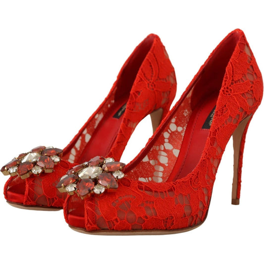 Dolce & Gabbana | Red Taormina Lace Crystal Heels Pumps | McRichard Designer Brands