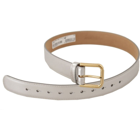 Dolce & Gabbana | Silver Leather Gold Tone Logo Metal Buckle Belt - McRichard Designer Brands