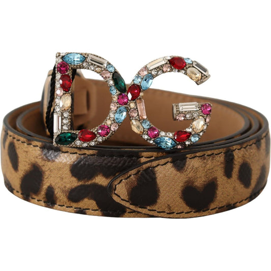 Dolce & Gabbana | Brown Leopard Leather DG Crystals Buckle Belt | McRichard Designer Brands