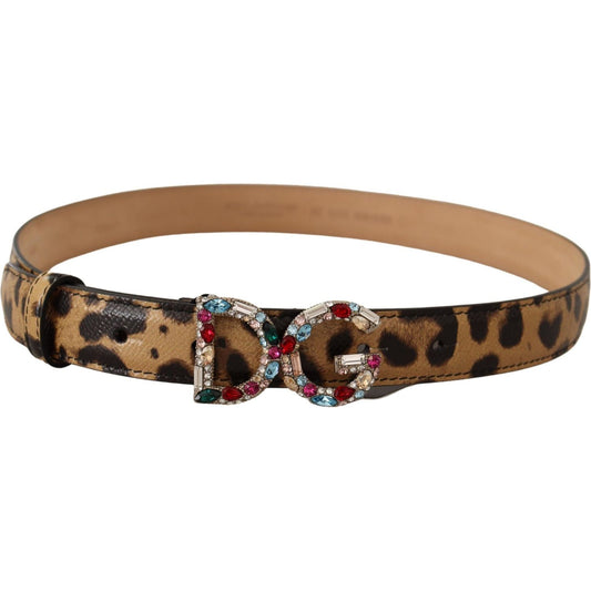 Dolce & Gabbana | Brown Leopard Leather DG Crystals Buckle Belt | McRichard Designer Brands