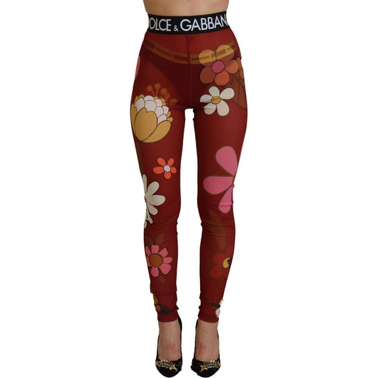Dolce & Gabbana | Red Floral Leggings Stretch Waist Pants | McRichard Designer Brands