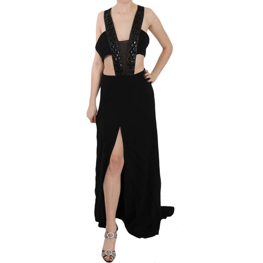 John Richmond | Black Crystal Leather Gown Flare Dress | McRichard Designer Brands