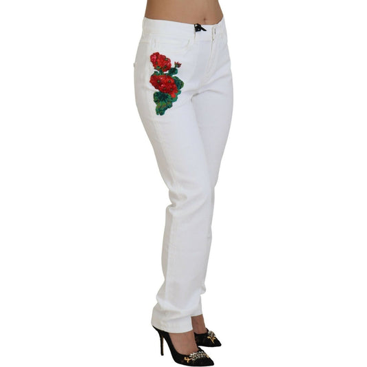 Dolce & Gabbana | White Floral Embroidery Skinny Denim Jeans - McRichard Designer Brands