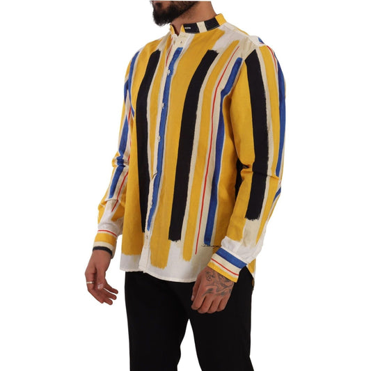 Dolce & Gabbana | Yellow Striped Henley Linen Cotton Shirt  | McRichard Designer Brands
