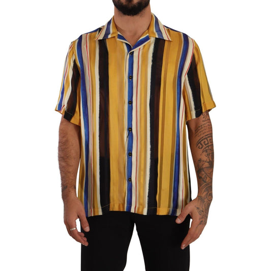 Dolce & Gabbana | Yellow Striped Short Sleeve Silk Shirt  | McRichard Designer Brands