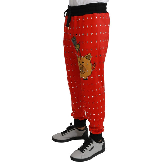 Dolce & Gabbana | Red Piggy Bank Cotton Crystal Trousers Pants | McRichard Designer Brands