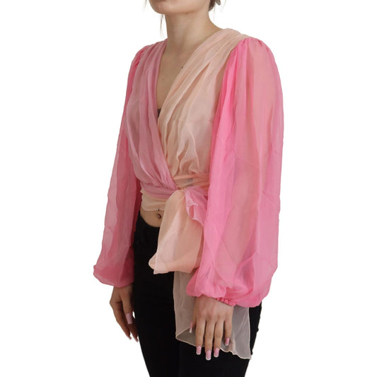 Dolce & Gabbana | Pink Silk Wrap Long Sleeves Blouse Top | McRichard Designer Brands