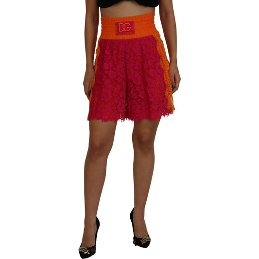 Dolce & Gabbana | Pink Orange Lace Cotton High Waist Shorts  | McRichard Designer Brands