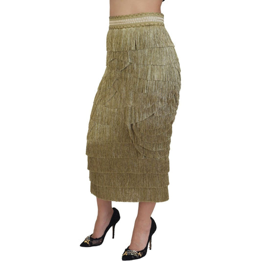 Dolce & Gabbana | Gold Tiered Metallic Fringed Midi Silk Skirt  | McRichard Designer Brands