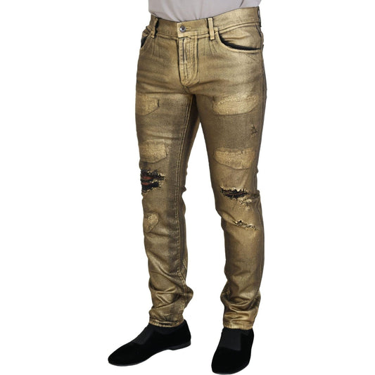 Dolce & Gabbana | Gold Cotton Tattered Skinny Men Denim Jeans  | McRichard Designer Brands