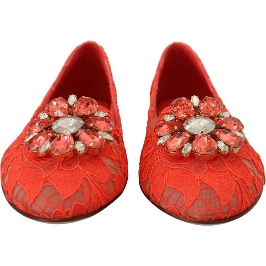 Dolce & Gabbana | Red Taormina Lace Crystals Ballet Flats Shoes - McRichard Designer Brands