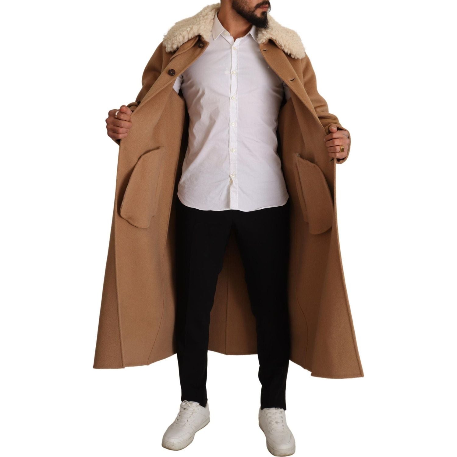 Dolce & Gabbana | Beige Camel Skin Cashmere Shearling Overcoat Jacket  | McRichard Designer Brands