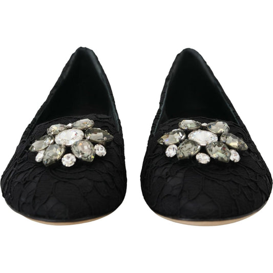 Dolce & Gabbana | Black Taormina Lace Crystals Flats Shoes - McRichard Designer Brands