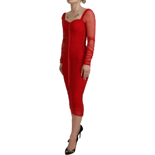 Dolce & Gabbana | Red Mesh Trim Bodycon Sheath Midi Dress  | McRichard Designer Brands