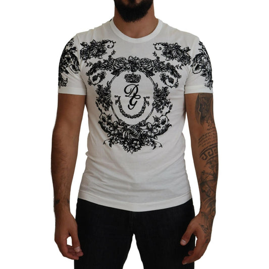 Dolce & Gabbana | White DG Crown Floral Crewneck Men T-shirt | McRichard Designer Brands