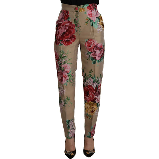 Dolce & Gabbana | Beige Floral Dress Formal High Waist Pants  | McRichard Designer Brands