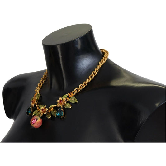 Dolce & Gabbana | Gold Brass Crystal Logo Fruit Floral Statement Necklace - McRichard Designer Brands