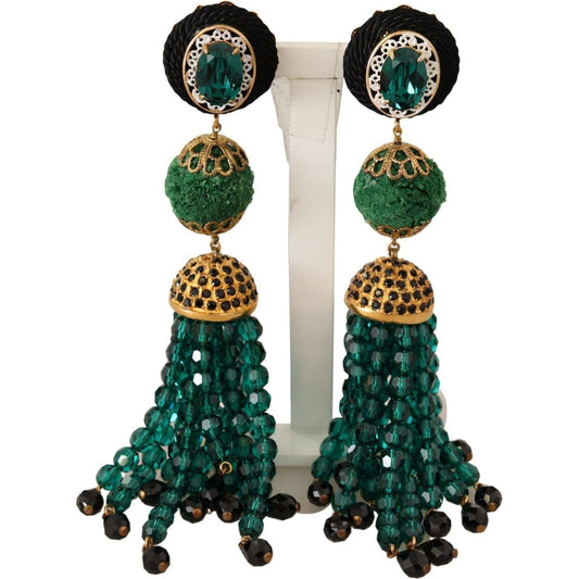 Dolce & Gabbana | Green Crystals Gold Tone Drop Clip-on Dangle Earrings | McRichard Designer Brands