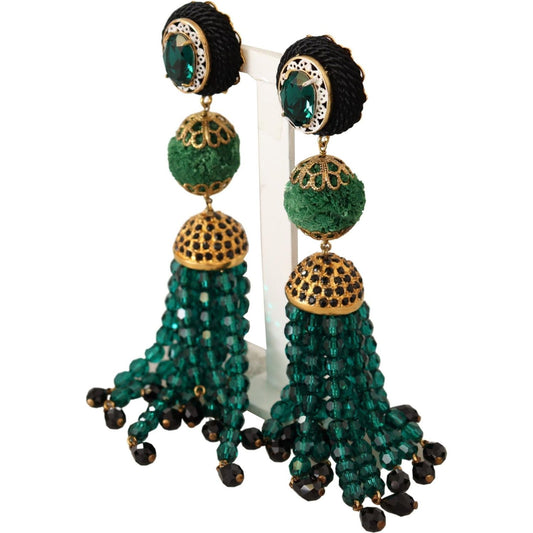 Dolce & Gabbana | Green Crystals Gold Tone Drop Clip-on Dangle Earrings | McRichard Designer Brands