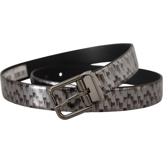 Dolce & Gabbana | Gray Herringbone Leather Gray 3D Metal Buckle Belt - McRichard Designer Brands