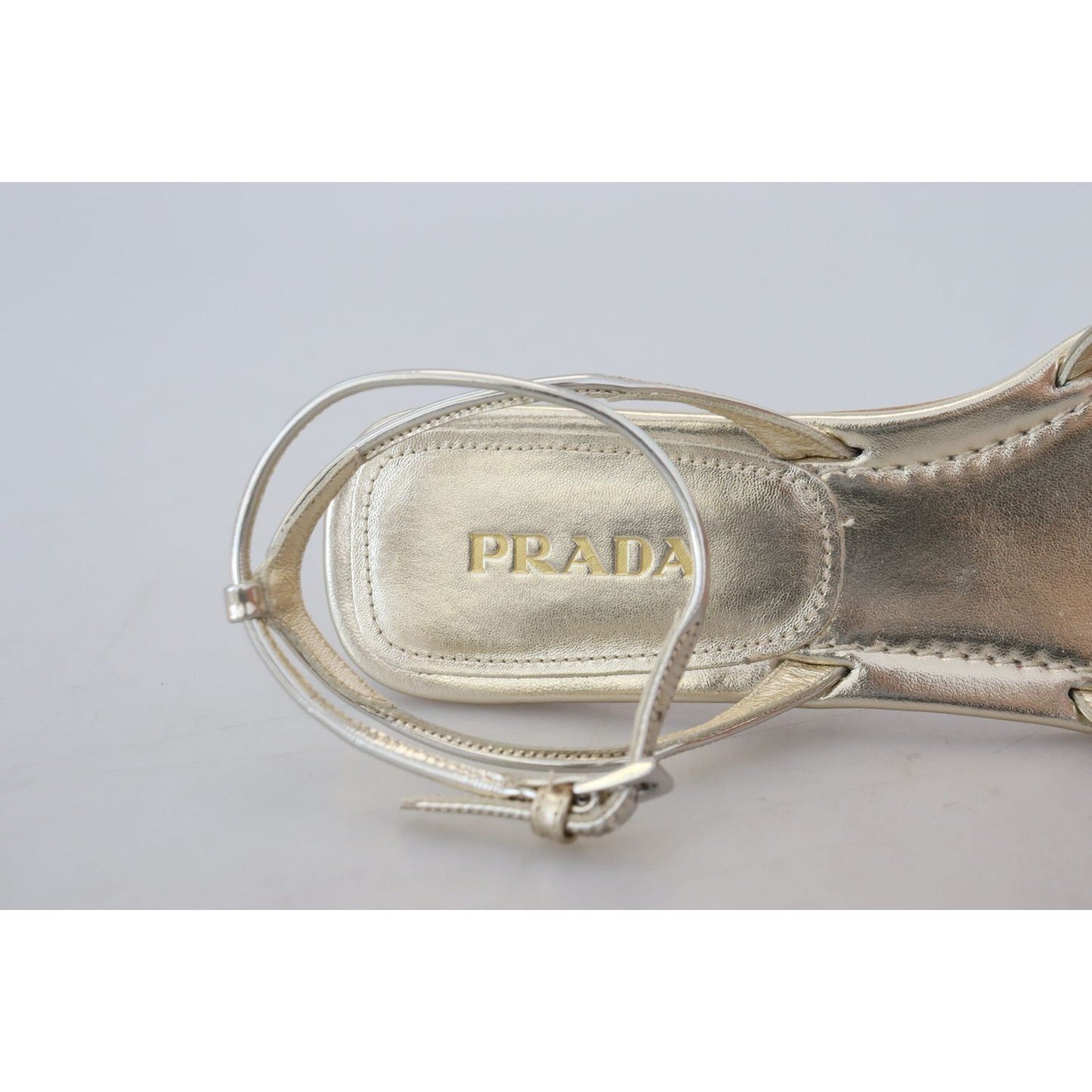 Prada | Metallic Silver Leather Sandals Ankle Strap Flats Shoes - McRichard Designer Brands