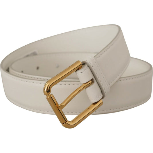 Dolce & Gabbana | White Calf Leather Gold Tone Logo Metal Buckle Belt | McRichard Designer Brands