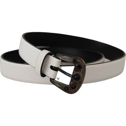 Dolce & Gabbana | White Leather Crystal Metal Buckle Belt - McRichard Designer Brands