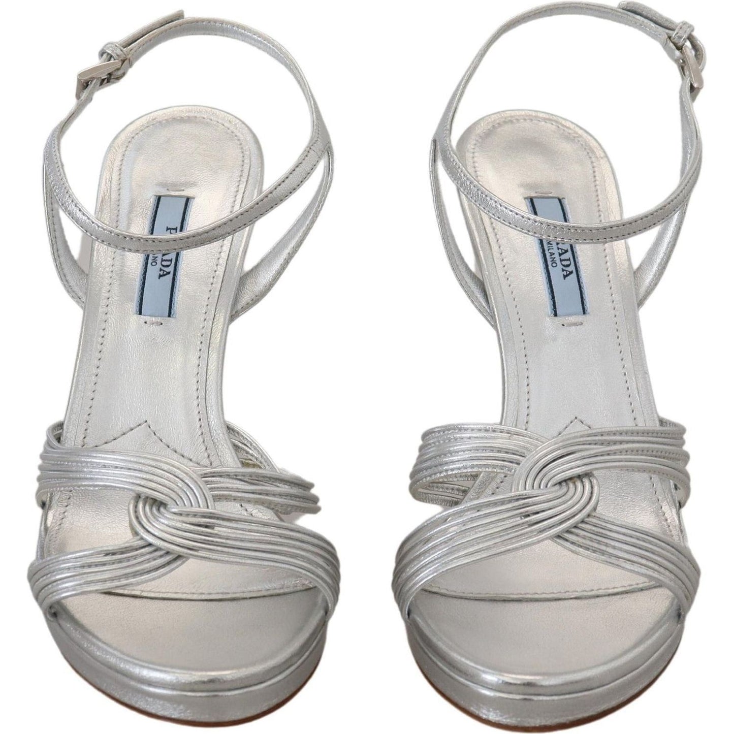 Prada | Silver Leather Sandals Ankle Strap Heels Stiletto  | McRichard Designer Brands