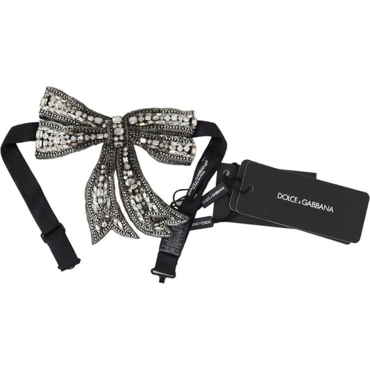Dolce & Gabbana | Silver Crystal Beaded Sequined Silk Catwalk Necklace Bowtie Necklace | McRichard Designer Brands