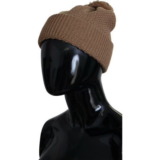 Dolce & Gabbana | Brown Solid Knitted Fur Ball Winter Beanie Hat - McRichard Designer Brands