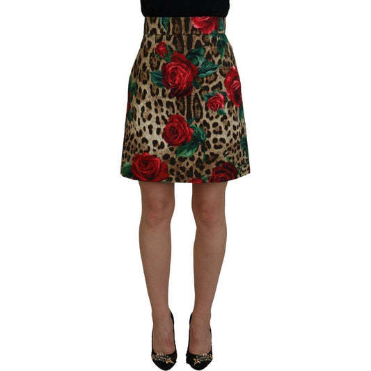 Dolce & Gabbana | Brown Cotton Leopard Rose Print Mini Skirt  | McRichard Designer Brands