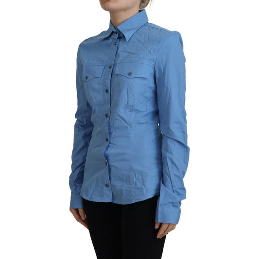 Ferre | Blue Cotton Long Sleeves Collared Button Down Top - McRichard Designer Brands