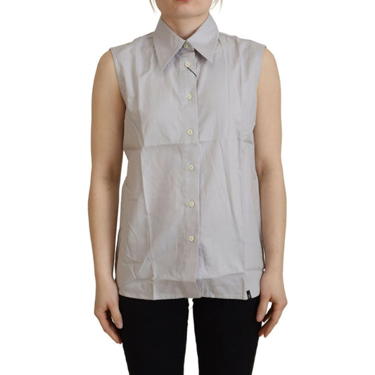 Ferre | Light Gray Stripes Cotton Sleeveless Collared Top - McRichard Designer Brands